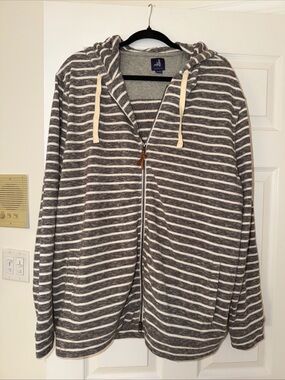 Striped Gray & White Hooded Zip Sweater
